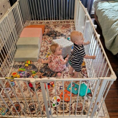Twins playing in the new play pen
