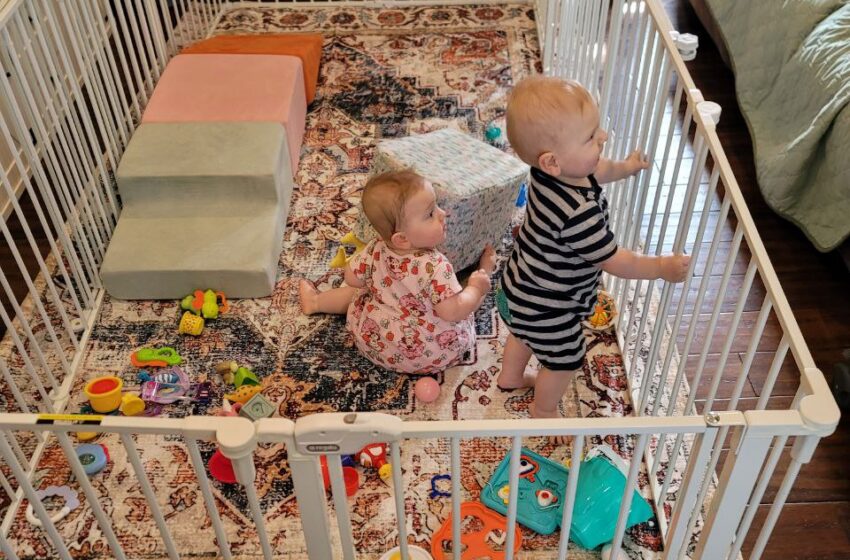 Twins playing in the new play pen