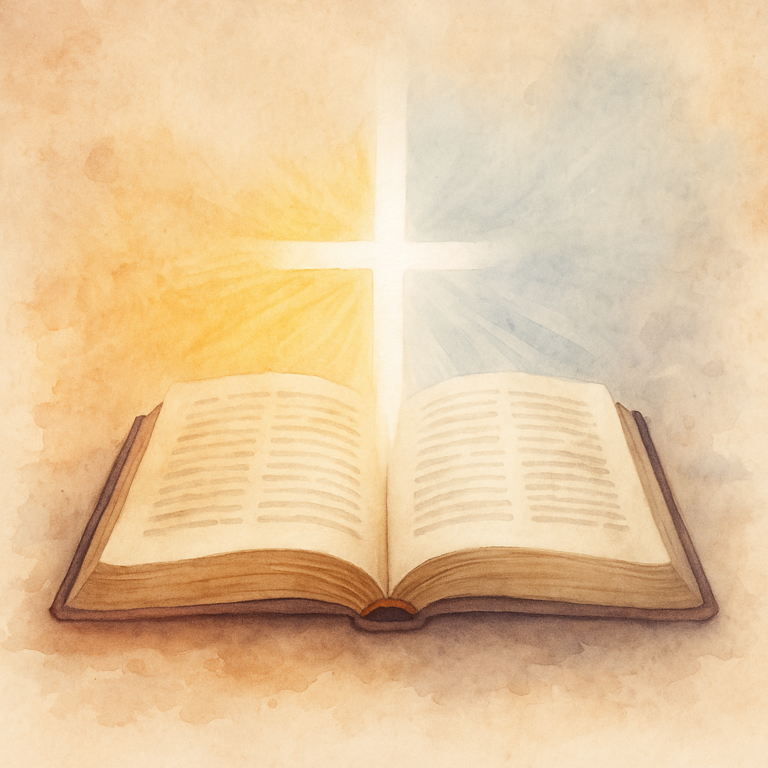 Illustration of an opened Bible with an illuminated cross