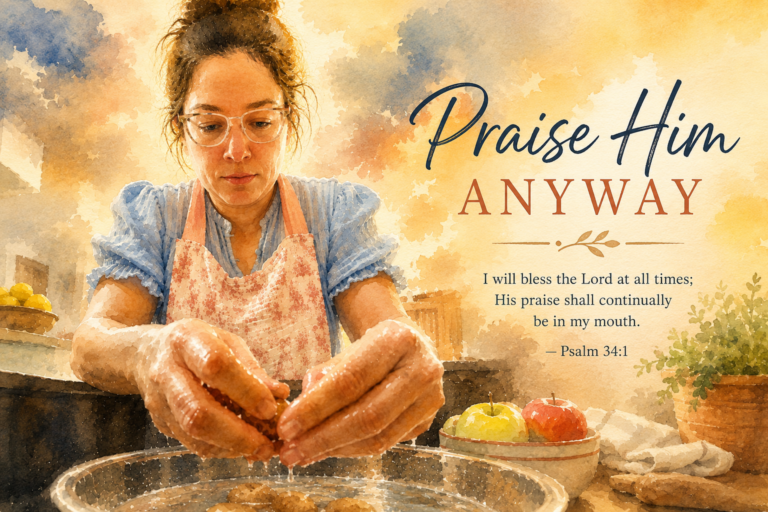 Illustratin of a woman in an apron over the sink cleaning potatoes with the text "Praise Him anyway "I will bless the Lord at all times. His praise should continually be in my mouth" Psalm, 34:1