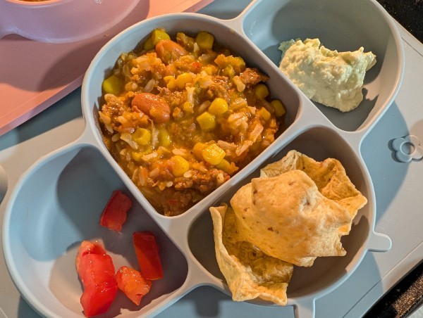Toddler Friendly Portion of One Pan Taco Skillet as a Nacho Bowl