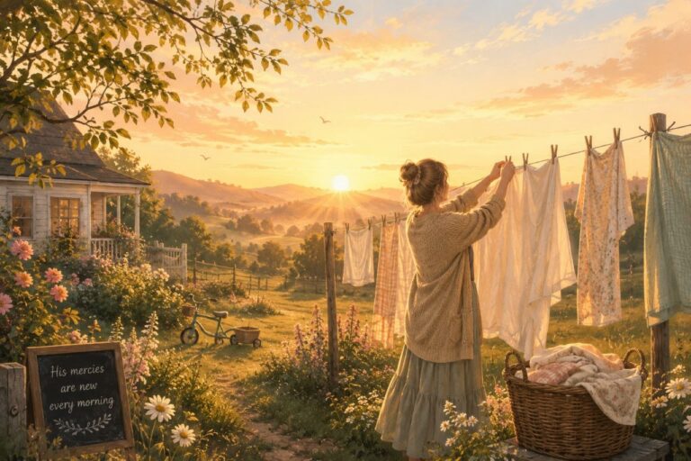 Illustration of a woman hanging clothing on a line outside at sunrise. A sign says "His mercies are new every morning"